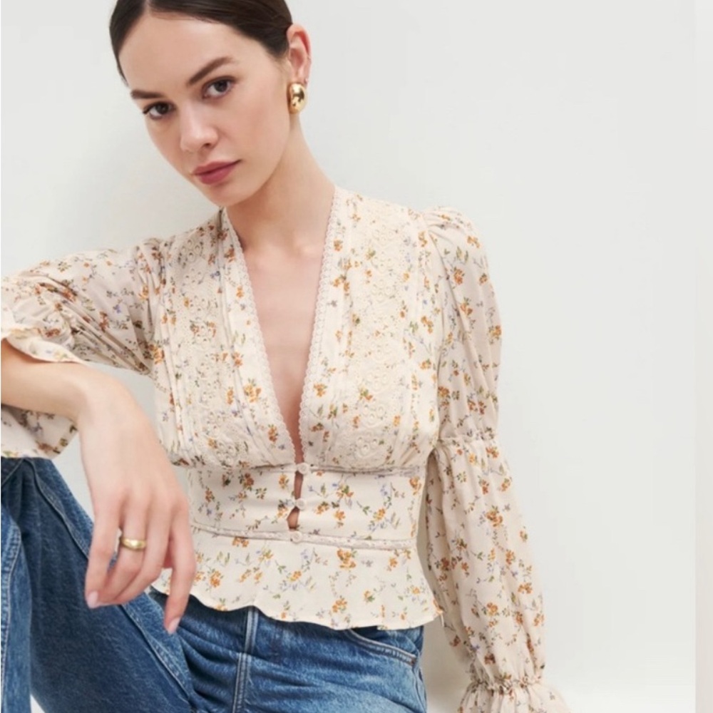 Reformation Cream Floral Blouse